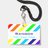 Badge Nom / Pronom à Rayures Arc-en-ciel Blanc (Avant avec lanière)