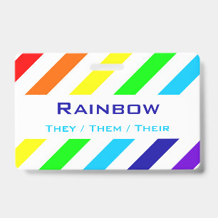 Badge Nom / Pronom à Rayures Arc-en-ciel Blanc