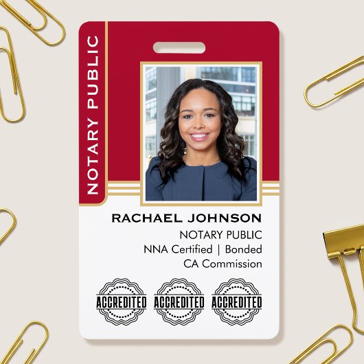 Badge Notary Public Custom Photo Logo ID Red Gold