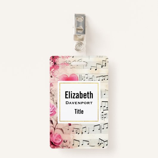 Badge Notes musicales et design Vintage Rose (Devant avec clip)