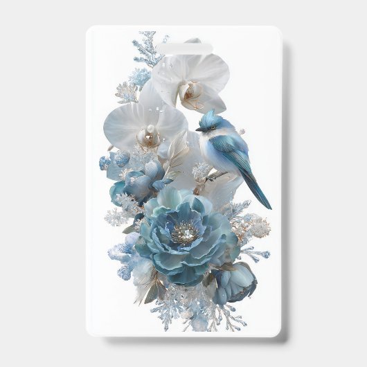 Badge Oiseau Bleu Cristal & Fleur de Verre. (Avant)