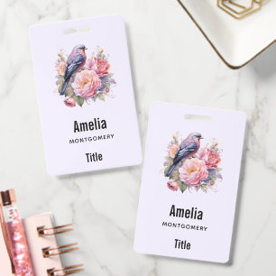 Badge Oiseau chanteur debout sur des pivoines roses Entr