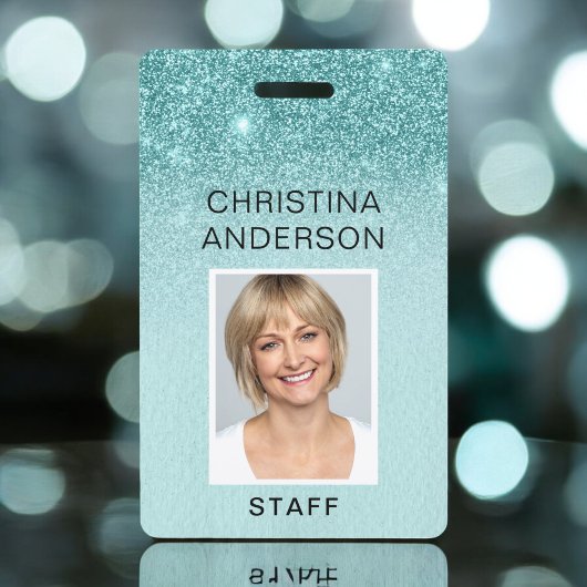Badge Pailleté Bleu Sarcelle Nom de l'Employé Photo Entr