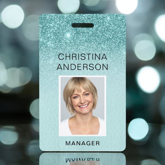 Badge Pailleté Bleu Sarcelle Nom de l'Employé Photo Entr