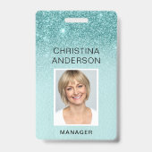 Badge Pailleté Bleu Sarcelle Nom de l'Employé Photo Entr (Avant)