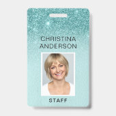 Badge Pailleté Bleu Sarcelle Nom de l'Employé Photo Entr (Avant)