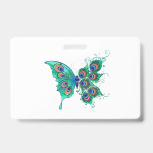 Badge Papillon aux plumes de paon vert