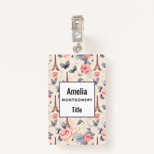 Badge Papillon Tour Eiffel et Motif Rose (Dos avec clip)