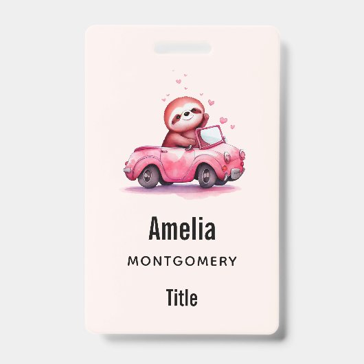 Badge Paresseux mignon conduisant une décapotable rose (Avant)