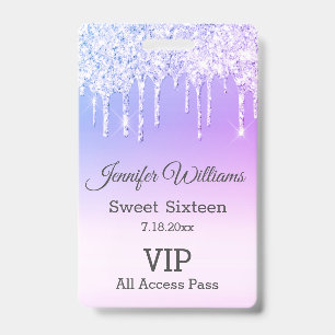 Badge parties scintillant à goutte violette sweet sixtee