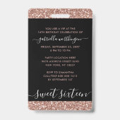 Badge Parties scintillant d'or rose Black Sweet 16 Invit (Back)