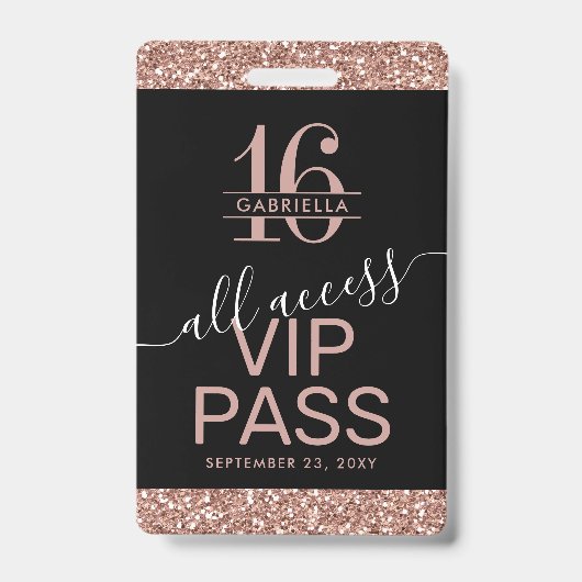 Badge Parties scintillant d'or rose Black Sweet 16 Invit (Front)