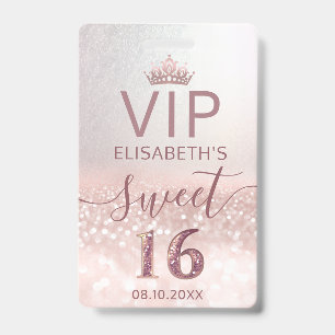 Badge parties scintillant en or rose script ombre Sweet 