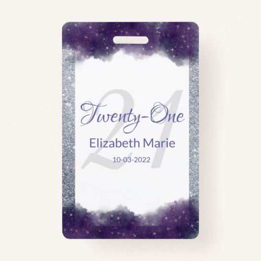 Badge Parties scintillant Personalisée Purple Silver 21e (Devant)