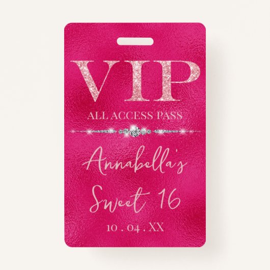 Badge Parties scintillant rose glamour VIP (Devant)
