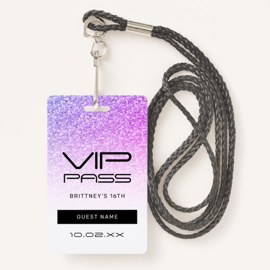 Badge Parties scintillant rose violet Glam VIP Pass 16e (Devant avec lanière)
