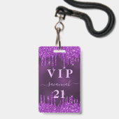 Badge Parties scintillant violet d'anniversaire gouttes (Avant avec lanière)