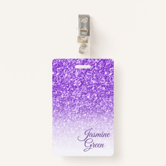 Badge Parties scintillant violet monogramme (Devant avec clip)