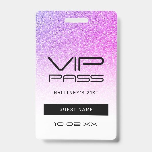 Badge Parties scintillant violet rose Ombre VIP Pass Inv (Front)
