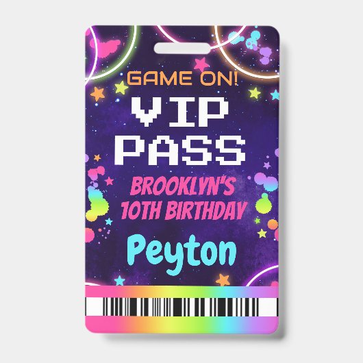 Badge Pass VIP Game On pour une fête d'Arcade pour Fille (Avant)