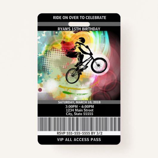 Badge Passage de l'invitation VIP d'anniversaire de BMX (Devant)