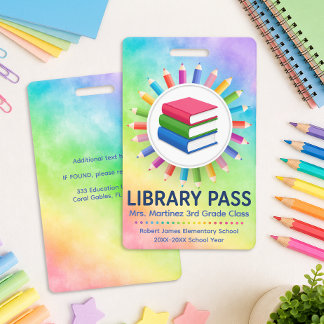 Badge Passe de bibliothèque personnalisé Crayons Arc-en-