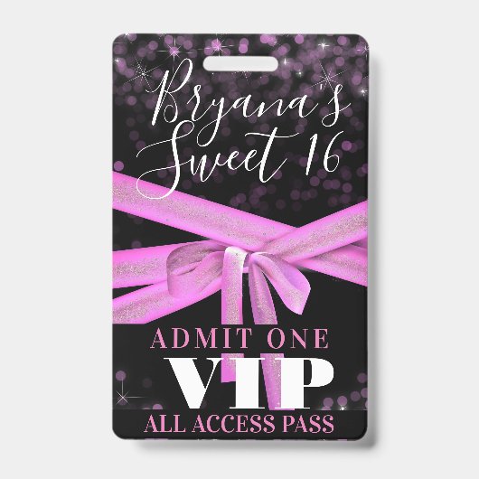Badge Passe VIP à 16 parties Pink Ribbon Bow Sweet (Front)