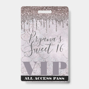 Badge Passe VIP Fée Sirène 16 Ans Sucre Rose Glitter Gla