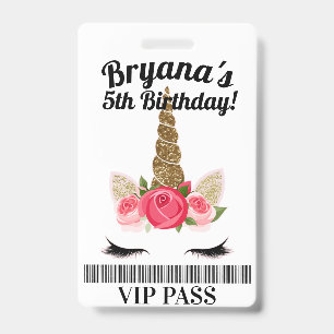 Badge Passe VIP Fête d'anniversaire Licorne Rose Doré Fl