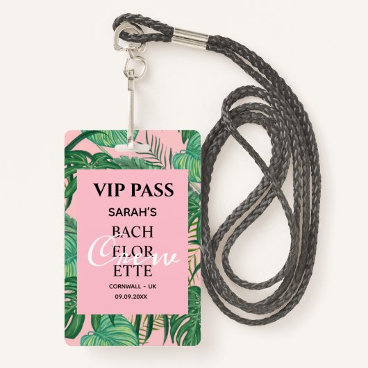 Badge Passe VIP Pink Tropical Palm Bachelorette Party (Devant avec lanière)