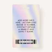Badge Pastel Unicorn Holograph Photo Logo Code barre Nom (Dos)