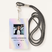 Badge Pastel Unicorn Holograph Photo Logo Code barre Nom (Devant avec lanière)
