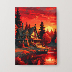 Badge Peinture coucher de soleil avec chalet et lac-6663