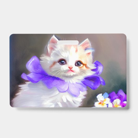 Badge Peinture de chat blanc avec collier de fleurs viol (Avant)