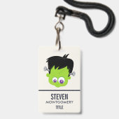Badge Petit monstre de Frankenstein vert mignon visage H (Arrière avec lanière)