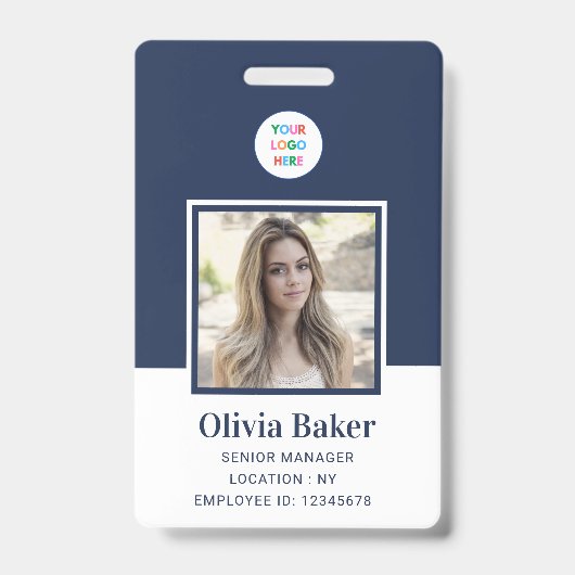 Badge Photo bleu de la Marine moderne Code à barres Nom  (Avant)