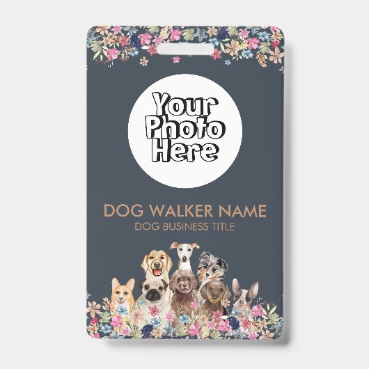 Badge Photo de chiens mignons aquarelle florale (Avant)