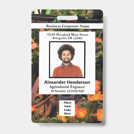 Badge Photo de l'employé Code à barres Logo Nom Fleurs (Avant)