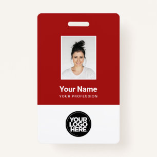 Badge Photo de l'employé en rouge foncé, code barre, log