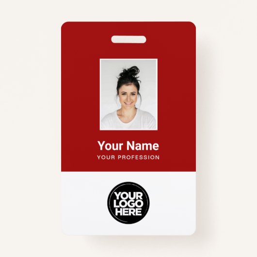 Badge Photo de l'employé en rouge foncé, code barre, log (Devant)
