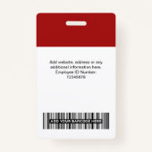 Badge Photo de l'employé en rouge foncé, code barre, log (Dos)
