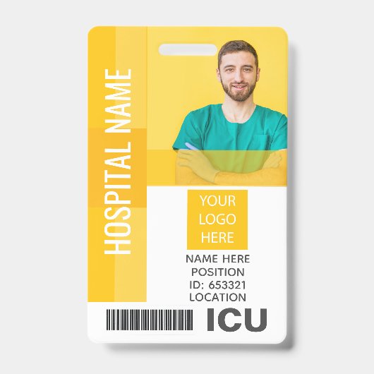 Badge Photo de l'employé jaune, Code barre, ID de l'ICU (Avant)