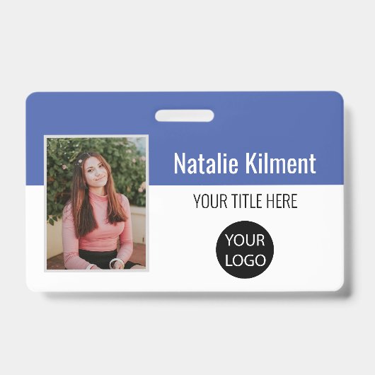 Badge Photo de l'employé Nom Logo Code-barres Bleu et Bl (Avant)
