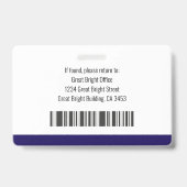 Badge Photo de l'employé Nom Logo Code-barres Bleu marin (Arrière)