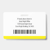 Badge Photo de l'employé Nom Logo Code-barres Jaune et B (Arrière)