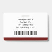 Badge Photo de l'employé Nom Logo Code-barres Rouge et B (Arrière)