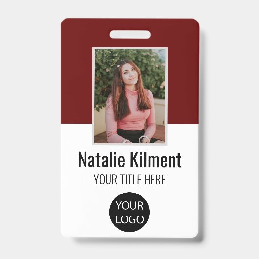 Badge Photo de l'employé Nom Logo Code-barres Rouge fonc (Avant)