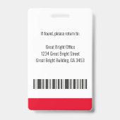 Badge Photo de l'employé Nom Logo Code-barres Rouge Noir (Arrière)