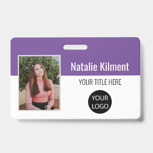 Badge Photo de l'employé Nom Logo Code-barres Violet et (Avant)