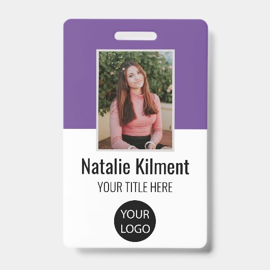Badge Photo de l'employé Nom Logo Code-barres Violet et (Avant)